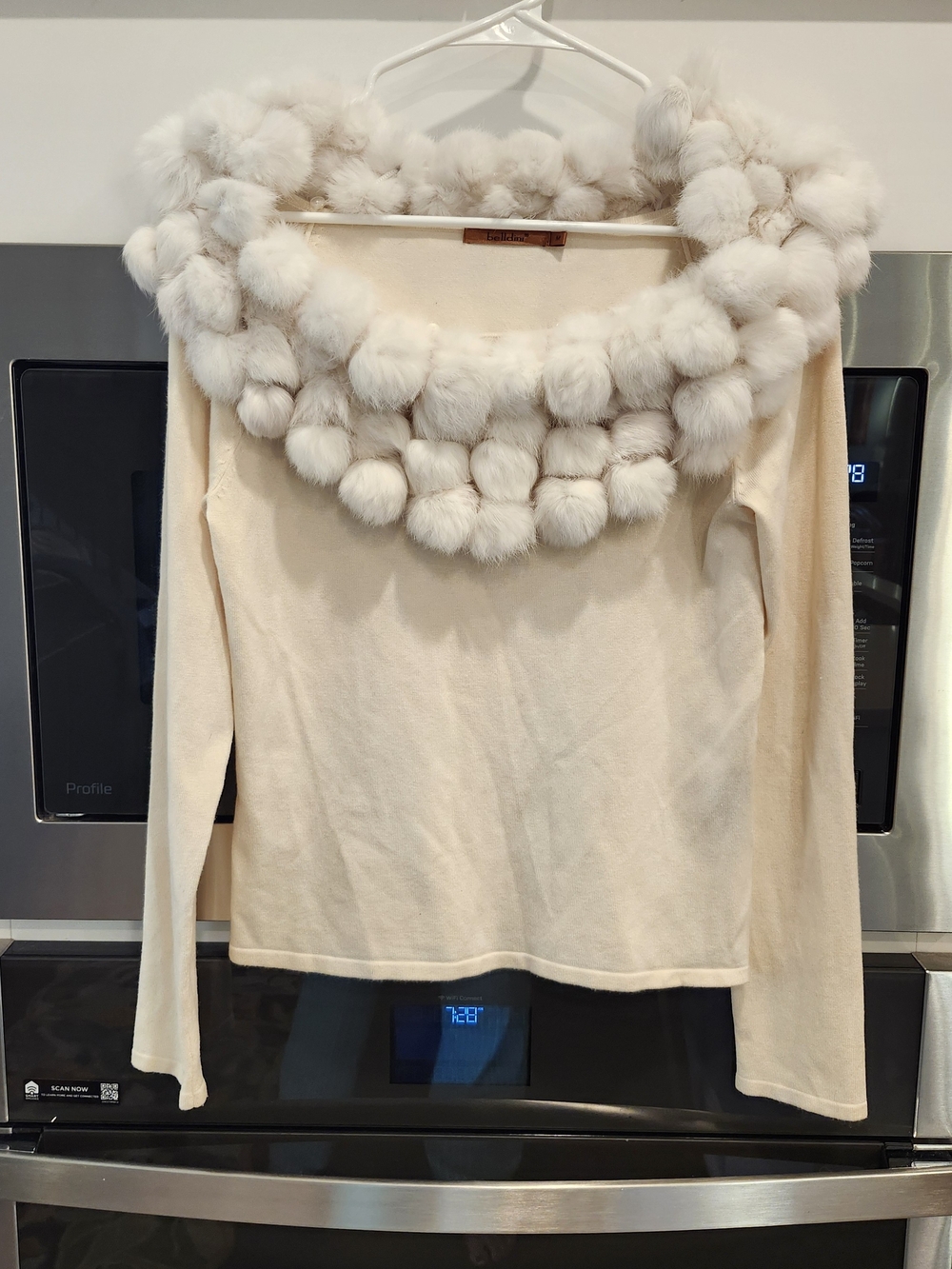 Belldini Women’s Cream Rabbit Pom-Pom Trim Sweater